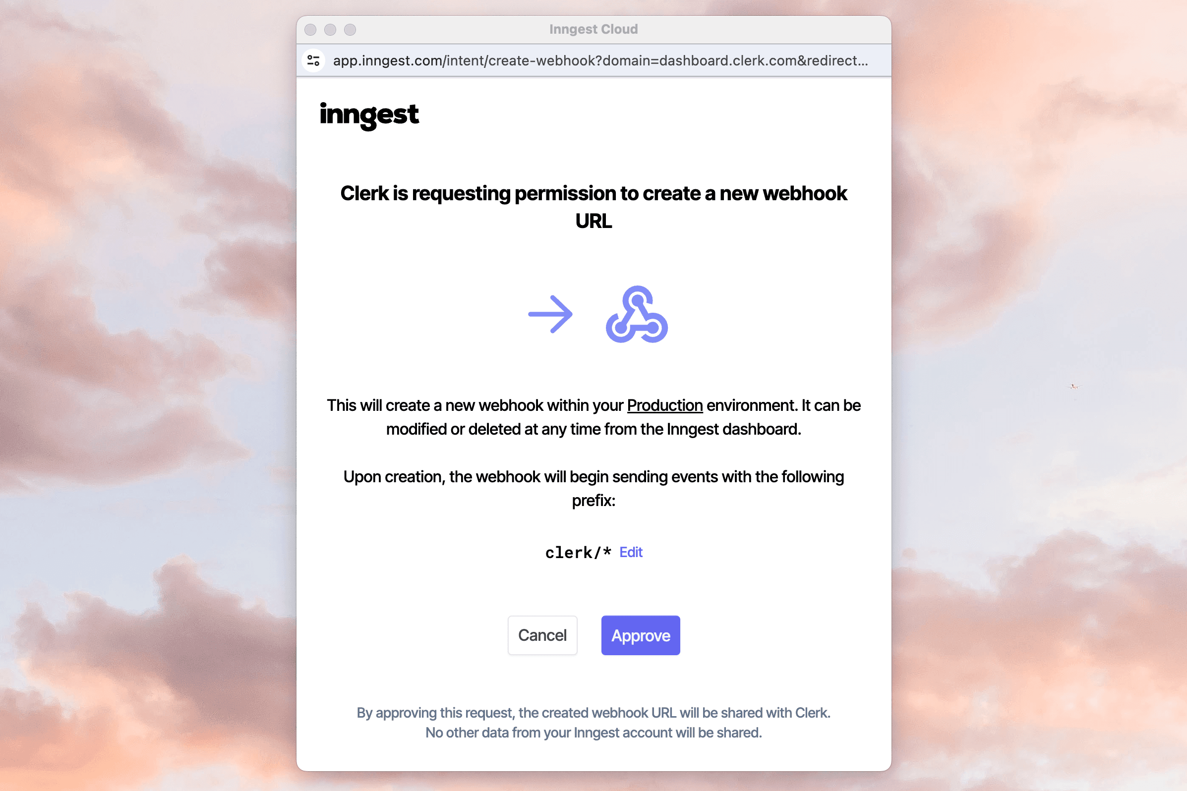 The Inngest permissions popup window showing the Approve button.