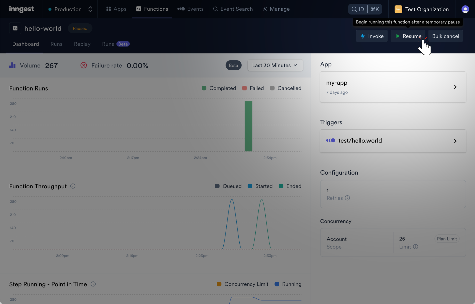 Resume button in Inngest Cloud.